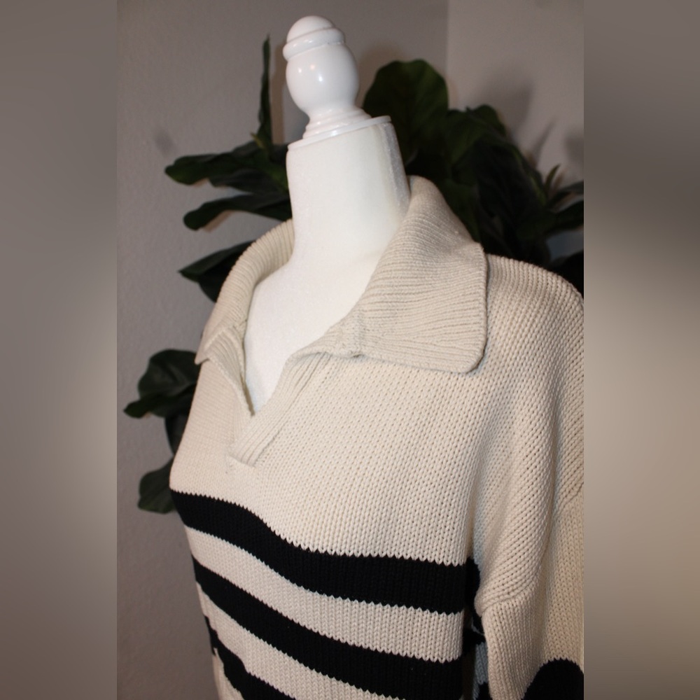 Joe's Black and Cream Striped Knit Collared Sweater - Size S - Picture 5 of 8